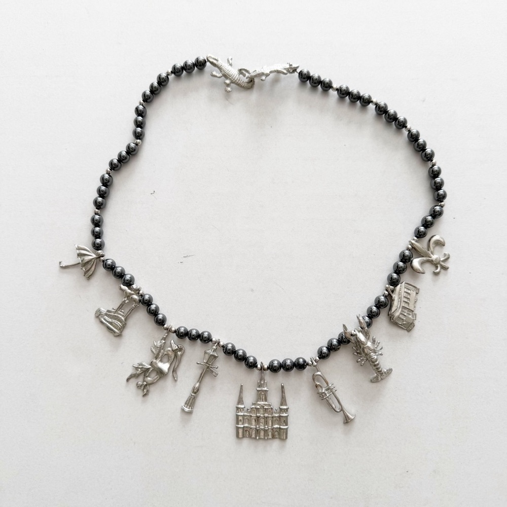 Maurice Milleur Charm Necklace Gumbo Necklace Hematite Pewter Beads Silver LSU